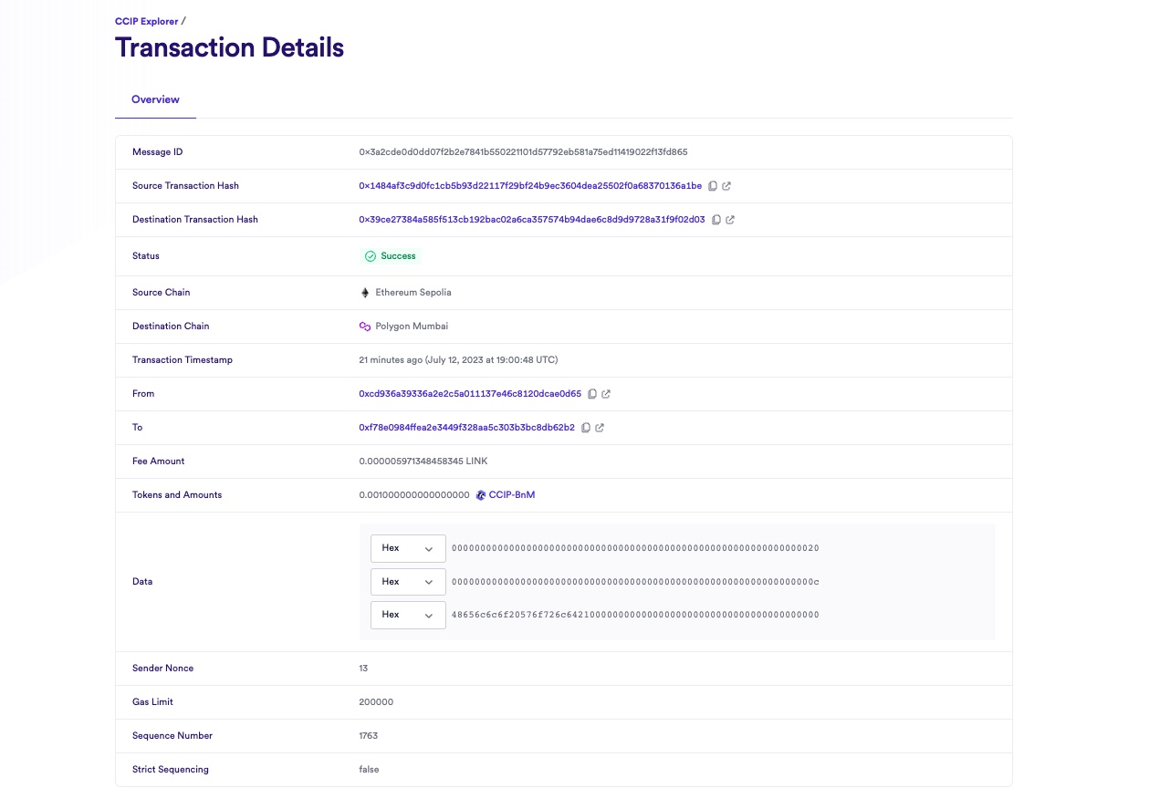 Chainlink CCIP Explorer transaction details success